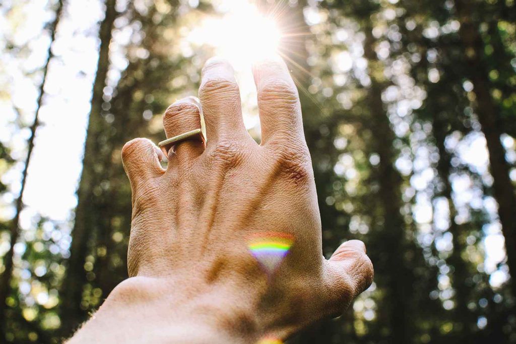 main faisant du reiki dans une forêt